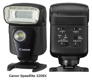 The Canon speedlite 320EX is the first Canon flash to inlcude an LED on it's front to light up subjects that are close to the camera