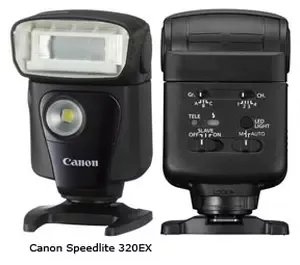 The Canon speedlite 320EX is the first Canon flash to inlcude an LED on it's front to light up subjects that are close to the camera