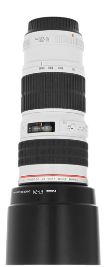 Canon 70-200mm lens with hood attached