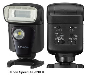 The Canon speedlite 320EX is the first Canon flash to inlcude an LED on it's front to light up subjects that are close to the camera