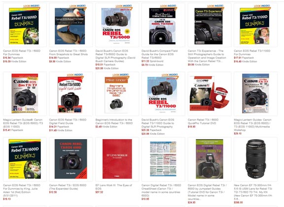Screen shot of Amazon book line-up on Rebel t3i