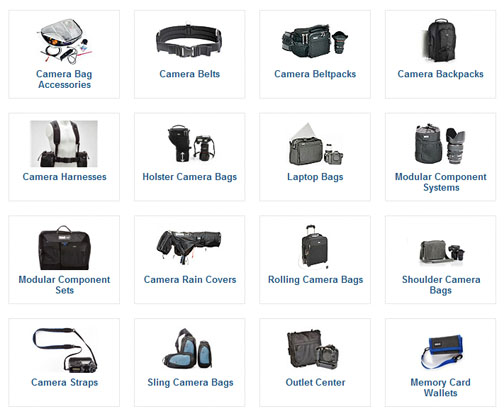 ThinkTankPhotos has a large variety of camera bags. lens case, belt bags, and gadget holders