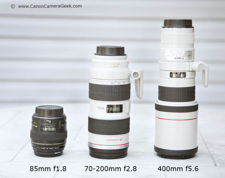 Size Comparison:  Canon 85mm f1.8 vs.  70-200mm f2.8 vs. 400mm f5.6