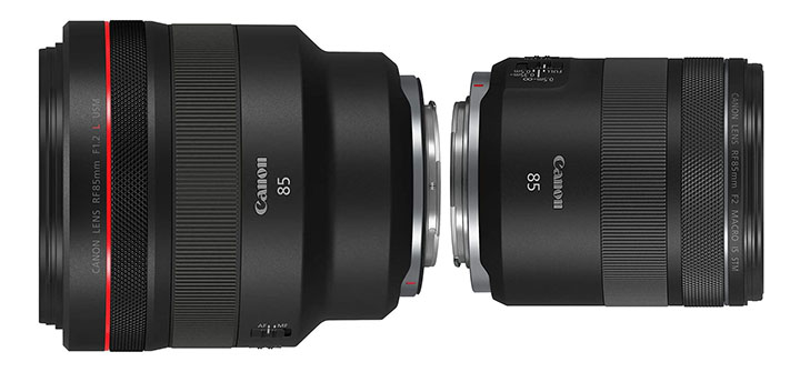 Canon RF 85mm f/2.0 vs. f1.2 size comparison
