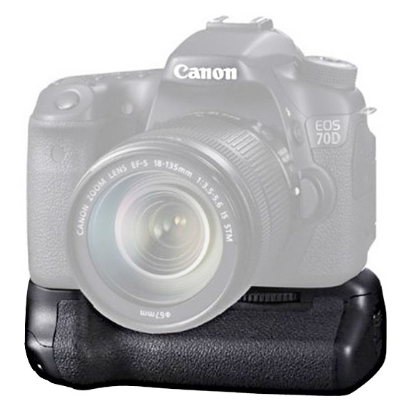 The Canon EOS 70D  accessory that provides double the battery power and vertical shooting conrols is the Canon BG-E14 Battery Grip