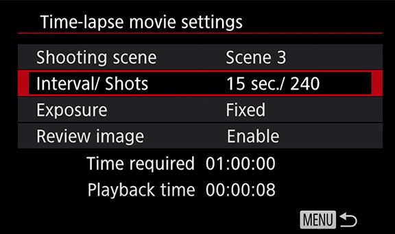 Canon M6 Time Lapse Menu Settings