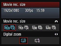 Canon EOS Rebel t3i video menu screen