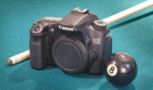 Canon EOS 70D size comparison with a billiard cue ball